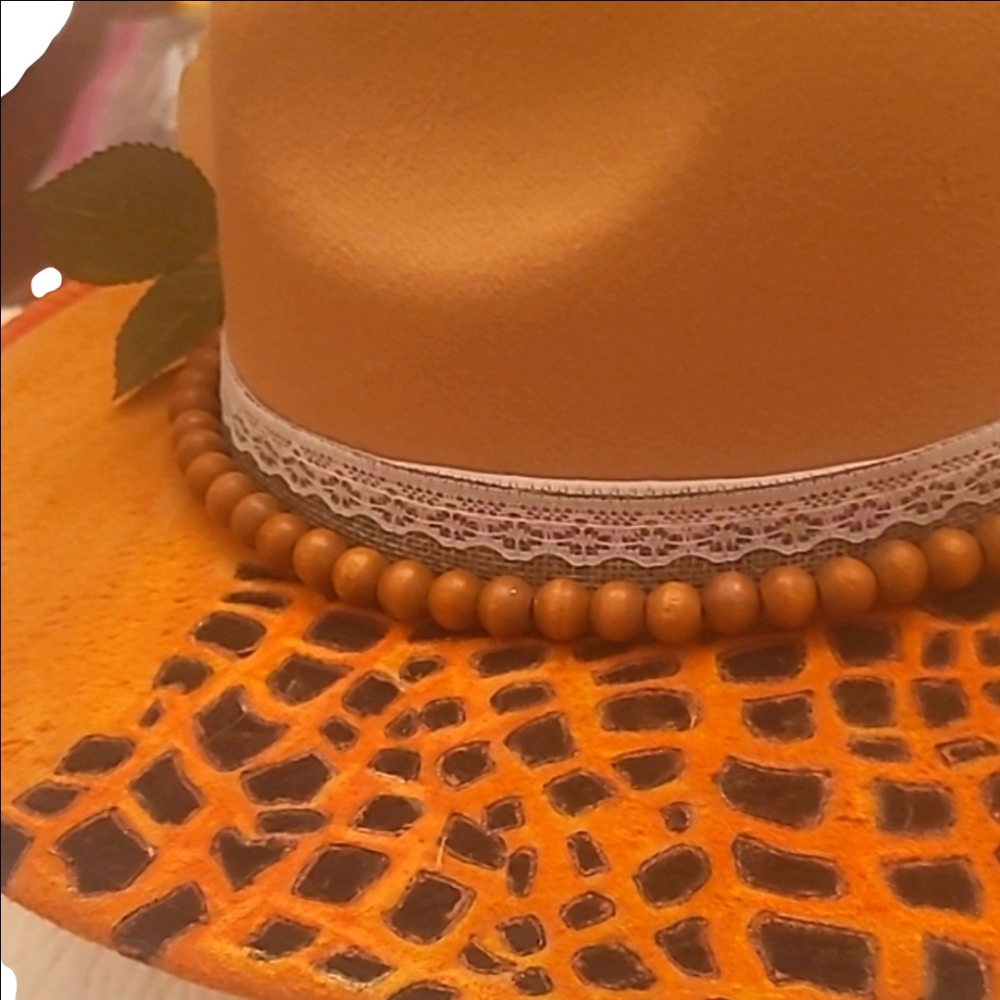 Hand Crafted Beige Orange Floral Bolero Hat Burned Outlines  Feathers Flowers - Picture 4 of 15